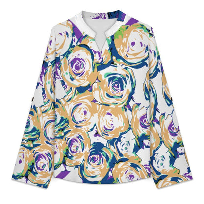 Vintage Rose Pattern  Women Curved Hem V Neck Roll Sleeve Casual Work Top