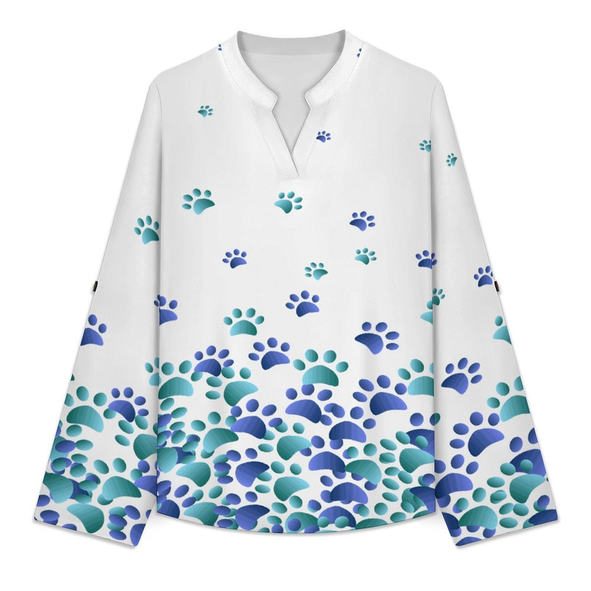 Dog Footprints Dress Blue  Versatile Notched V-Neck Tunic | Roll Tab 3/4 Sleeve Office Casual Top