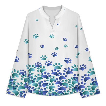 Dog Footprints Dress Blue  Versatile Notched V-Neck Tunic | Roll Tab 3/4 Sleeve Office Casual Top