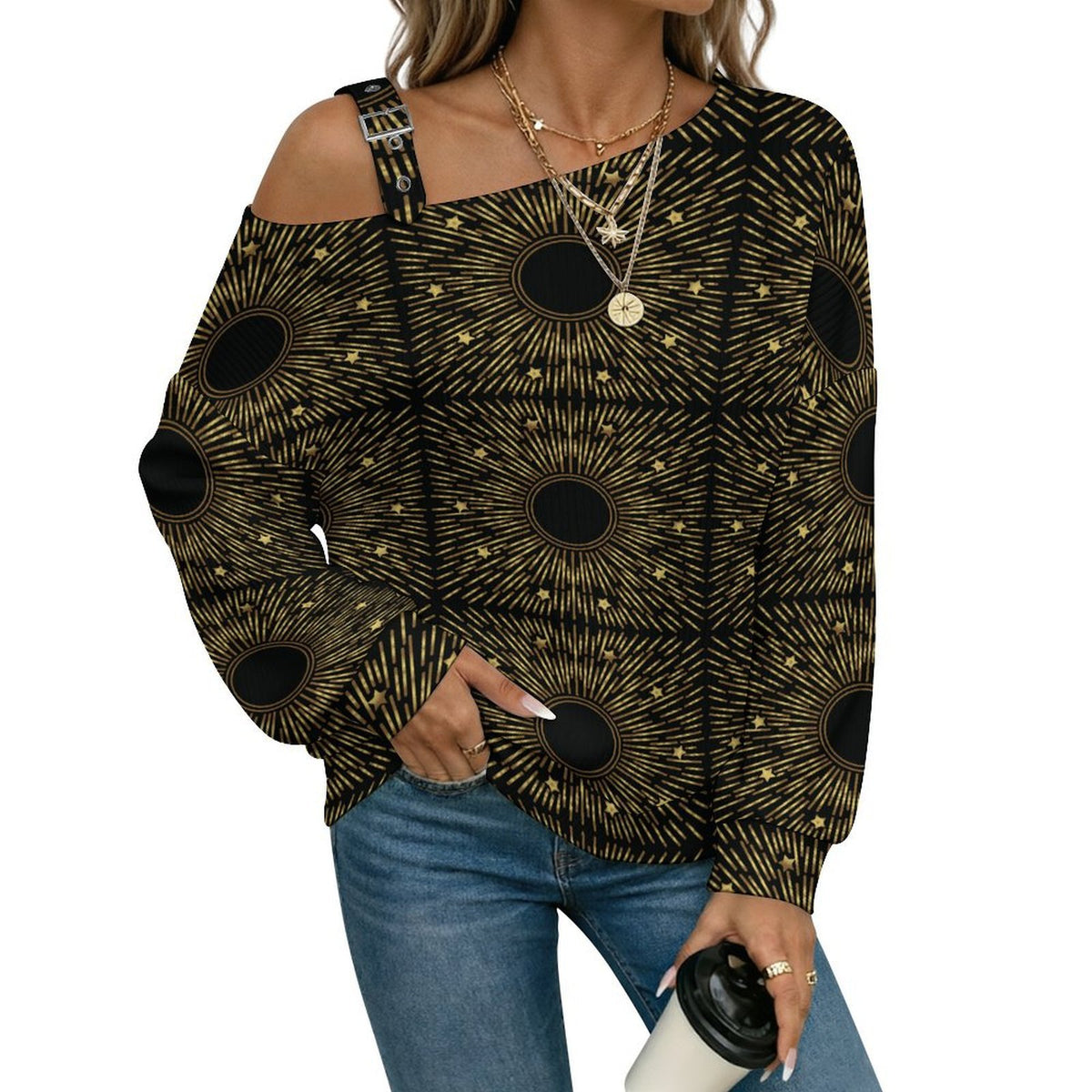 Off-the-shoulder Sweater European Retro Pattern white S Women’s Off-Shoulder Knit Sweater