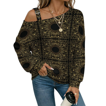 Off-the-shoulder Sweater European Retro Pattern white S Women’s Off-Shoulder Knit Sweater