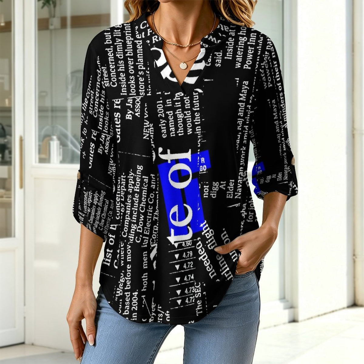 Stand-up Collar Long-sleeved Shirt Newspaper Dress white S Women’s V-Neck Blouses