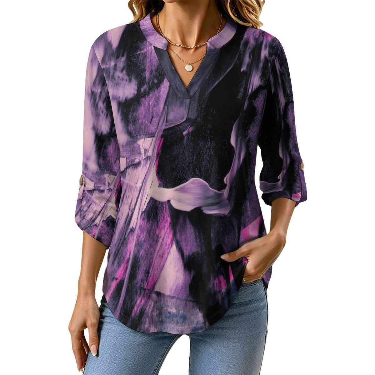 Purple, Black Pattern  Women Curved Hem V Neck Roll Sleeve Casual Work Top