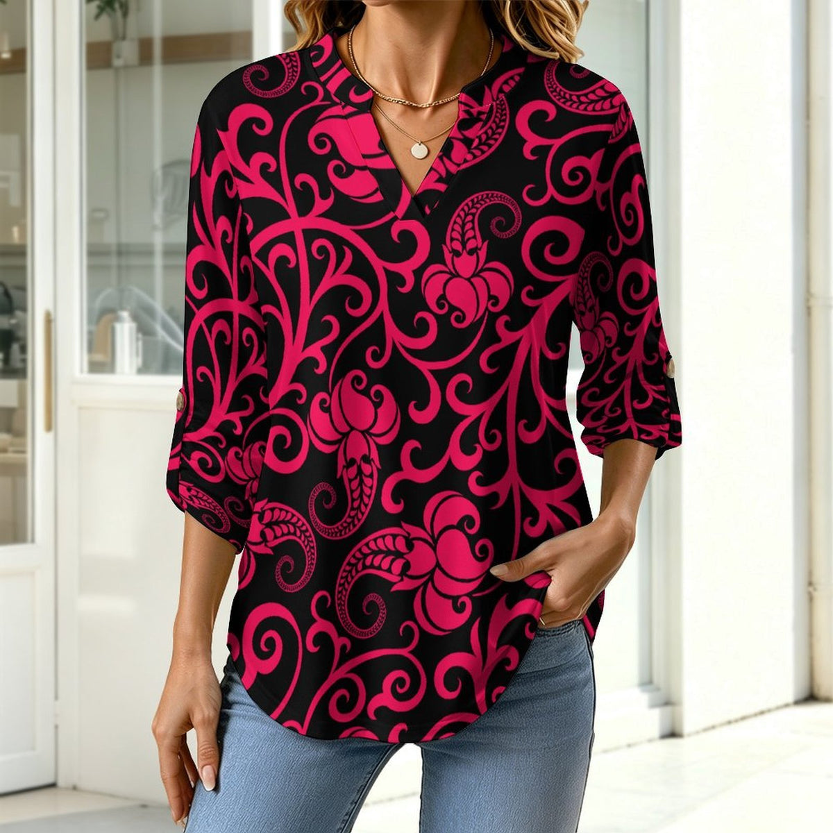 Women Curved Hem V Neck Roll Sleeve Casual Work Top  Repeat Pattern Black