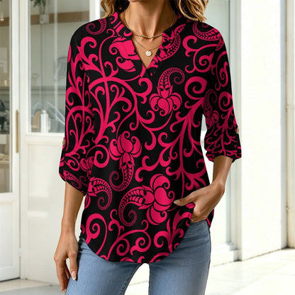 Women Curved Hem V Neck Roll Sleeve Casual Work Top  Repeat Pattern Black