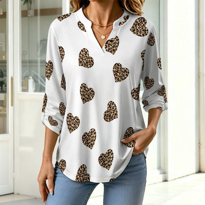 Peach Heart Leopard Grain Women's Notched V Neck Tunic Tops, Roll Up 3/4 Sleeve Button Cuff Casual Blouse, Hem Loose Work Shirts