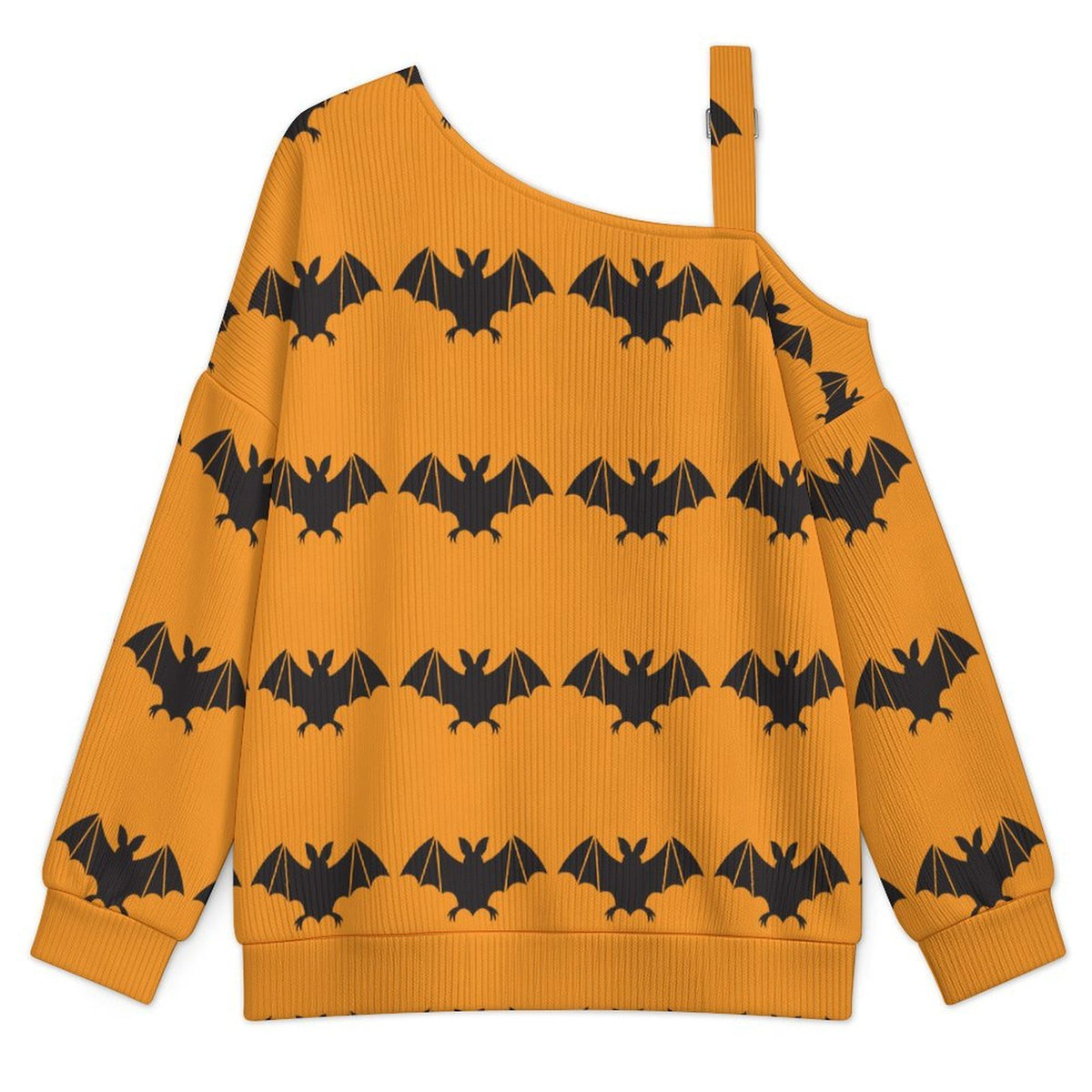 Yellow, Bat Background Fall Casual Asymmetric Shoulder Knit Top with Buckle Detail
