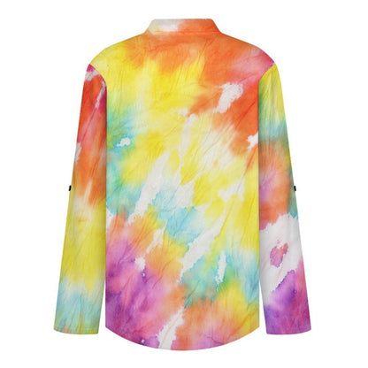 Tie Dyed Pattern Roll Tab 3/4 Sleeve Notched V Neck Tunic Blouse