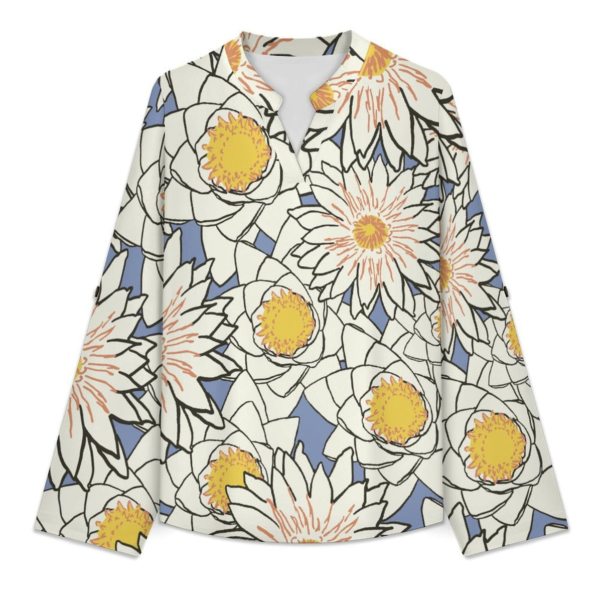 Flowers  Versatile Notched V-Neck Tunic | Roll Tab 3/4 Sleeve Office Casual Top