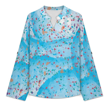 Women's Notched V Neck Tunic Tops, Roll Up 3/4 Sleeve Button Cuff Casual Blouse, Hem Loose Work Shirts  Watercolor  Color Dot Bull
