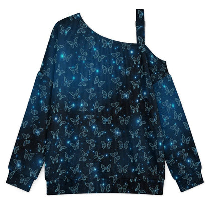 Fall Casual Asymmetric Shoulder Knit Top with Buckle Detail Butterfly Under Blue Starlight