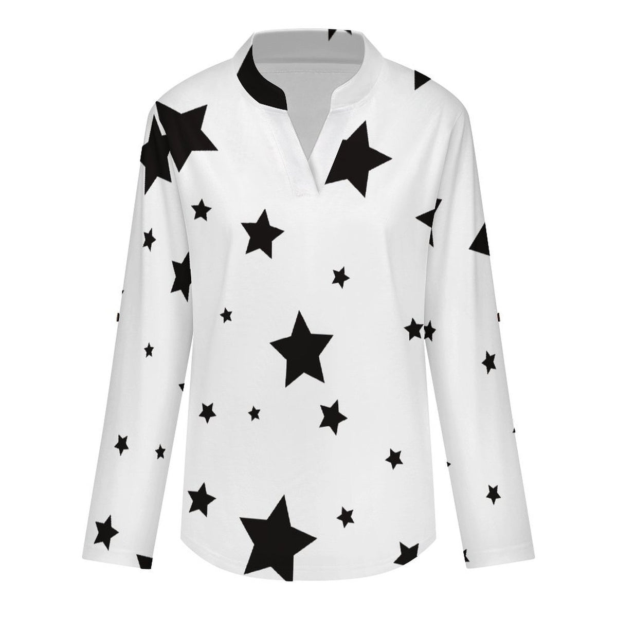 Stand-up Collar Long-sleeved Shirt The Stars Repeat The Black Pattern white S Women’s V-Neck Blouses