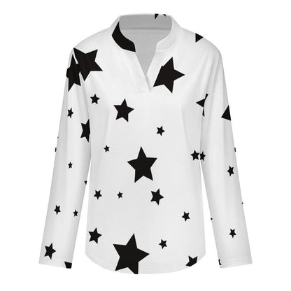 Stand-up Collar Long-sleeved Shirt The Stars Repeat The Black Pattern white S Women’s V-Neck Blouses