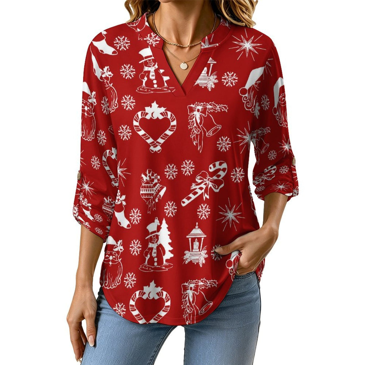 Stand-up Collar Long-sleeved Shirt Red Background, Santa Claus, Christmas white S Women’s V-Neck Blouses