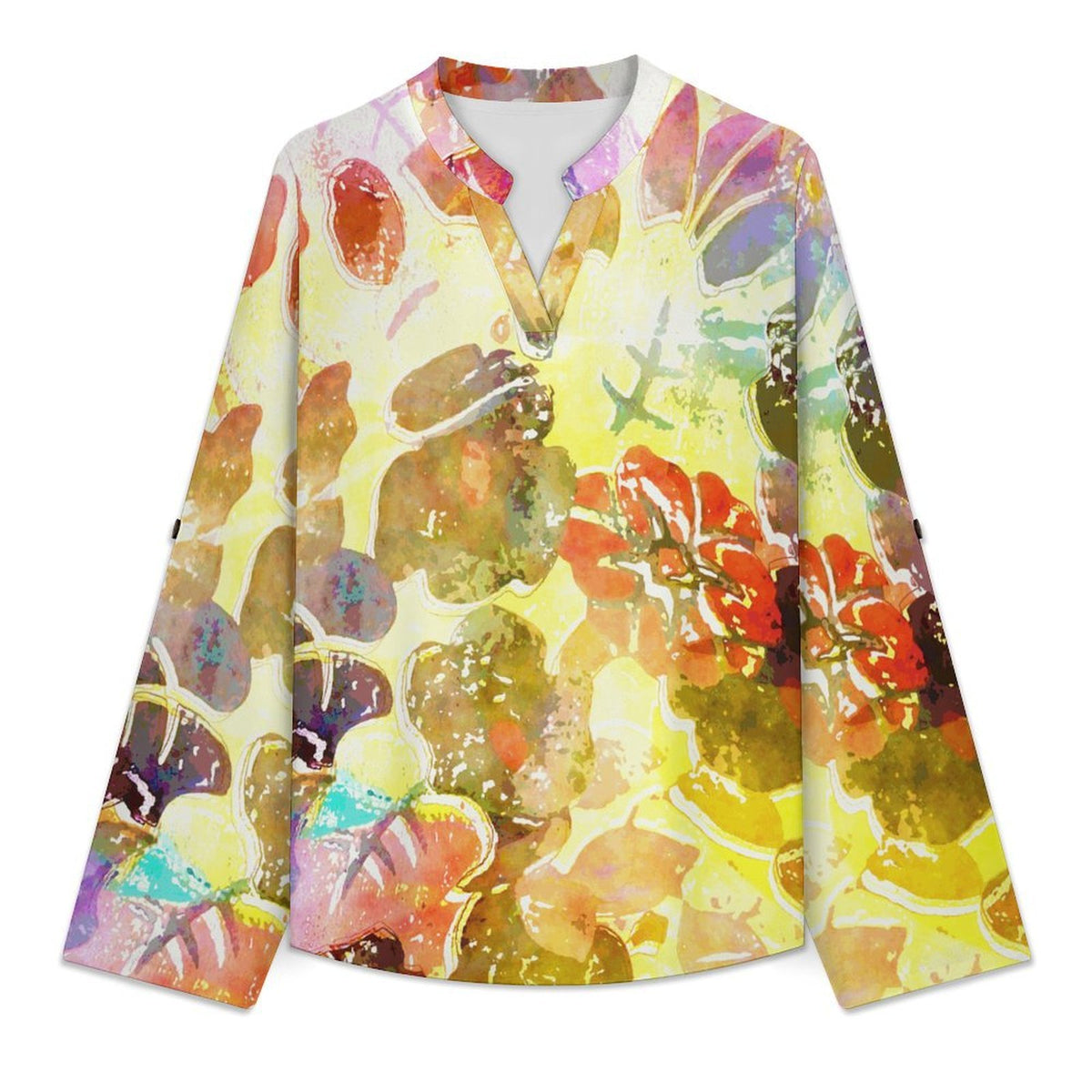 Women's Notched V Neck Tunic Tops, Roll Up 3/4 Sleeve Button Cuff Casual Blouse, Hem Loose Work Shirts Color Liquid Painting