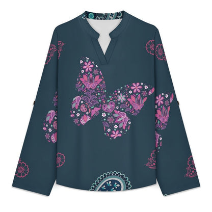 Women's Notched V Neck Tunic Tops, Roll Up 3/4 Sleeve Button Cuff Casual Blouse, Hem Loose Work Shirts  Paisley Texture Butterfly Repeat Tile Texture