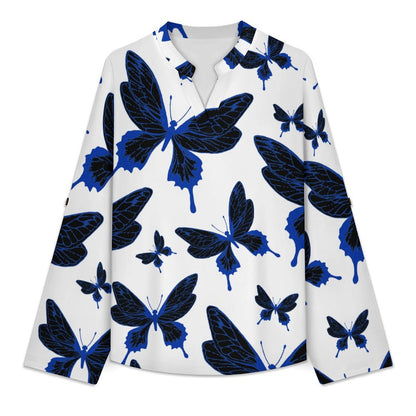 Butterfly Good Luck Repeat Pattern  Versatile Notched V-Neck Tunic | Roll Tab 3/4 Sleeve Office Casual Top