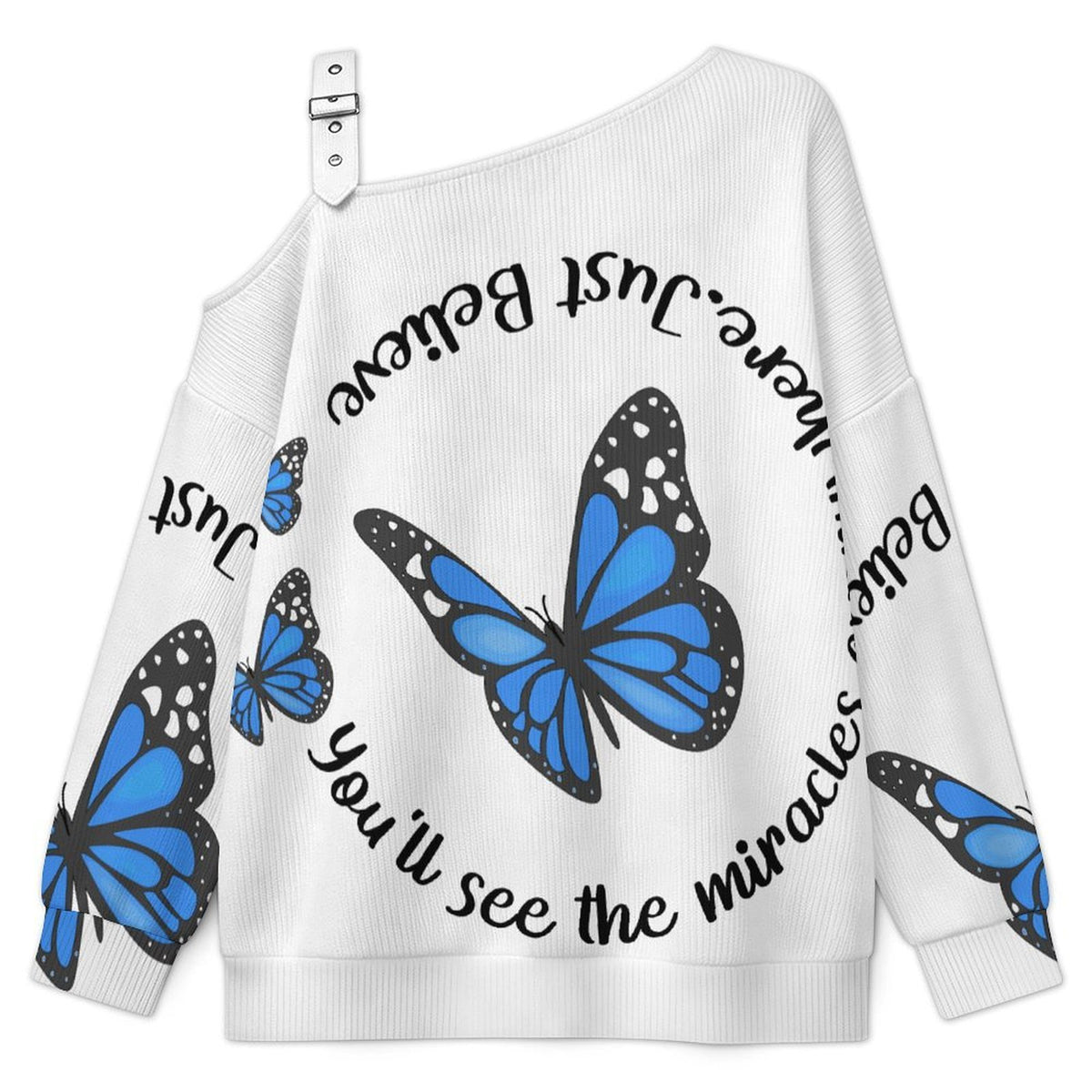 Fall Casual Asymmetric Shoulder Knit Top with Buckle Detail Blue Butterfly