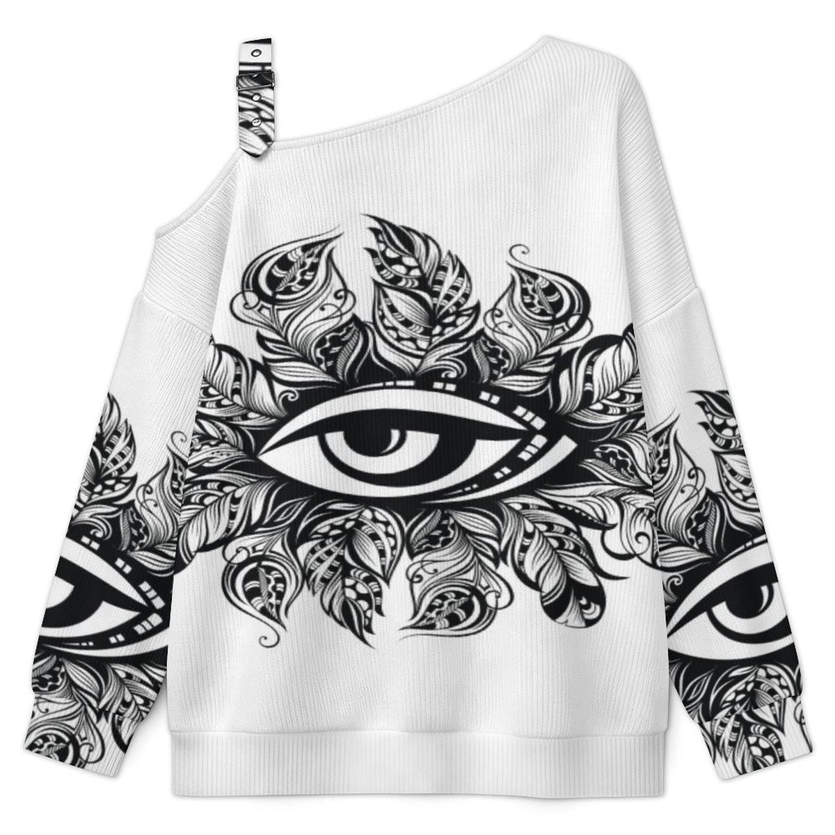 Feathers Eye Buckle Strap Asymmetrical Off Shoulder Knit Sweater