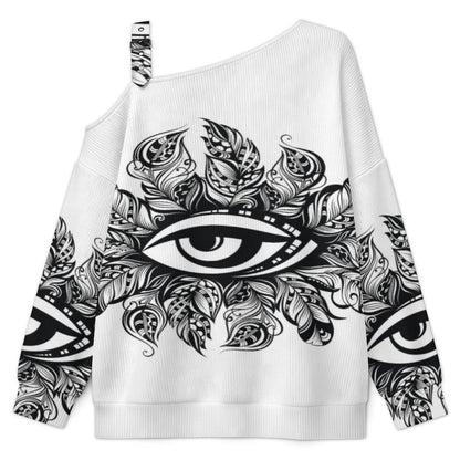 Feathers Eye Buckle Strap Asymmetrical Off Shoulder Knit Sweater