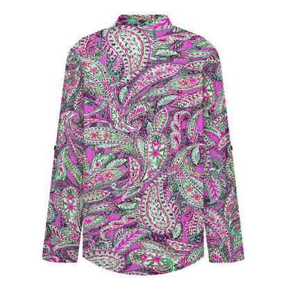 Women Curved Hem V Neck Roll Sleeve Casual Work Top  Paisley
