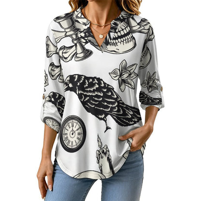 Skull Repeat Pattern  Versatile Notched V-Neck Tunic | Roll Tab 3/4 Sleeve Office Casual Top