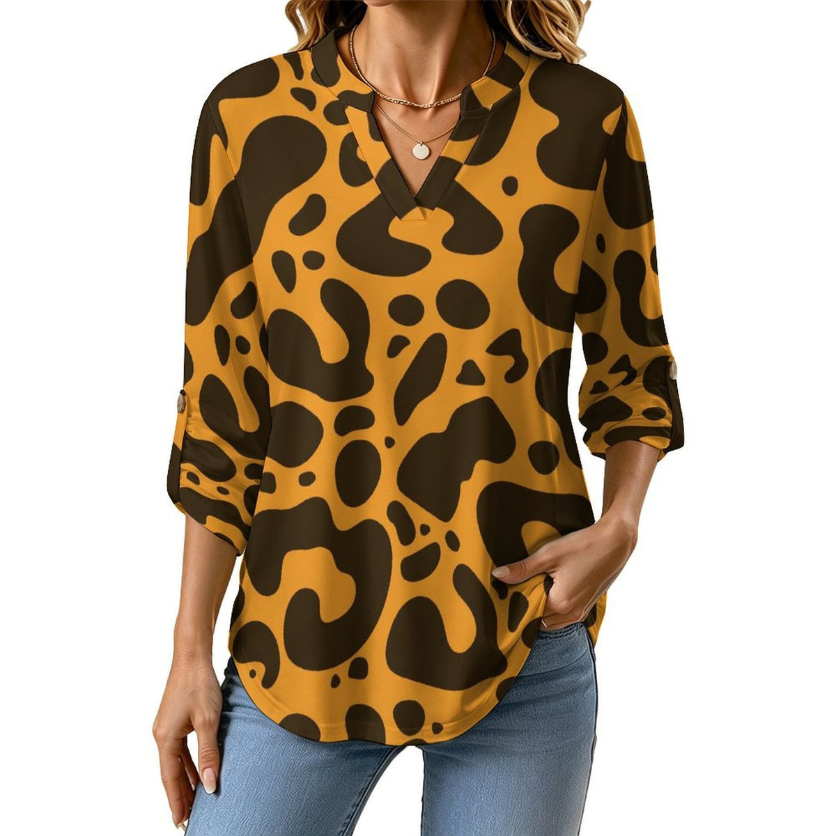 Versatile Notched V-Neck Tunic | Roll Tab 3/4 Sleeve Office Casual Top  Leopard-print Dresses Are Retro