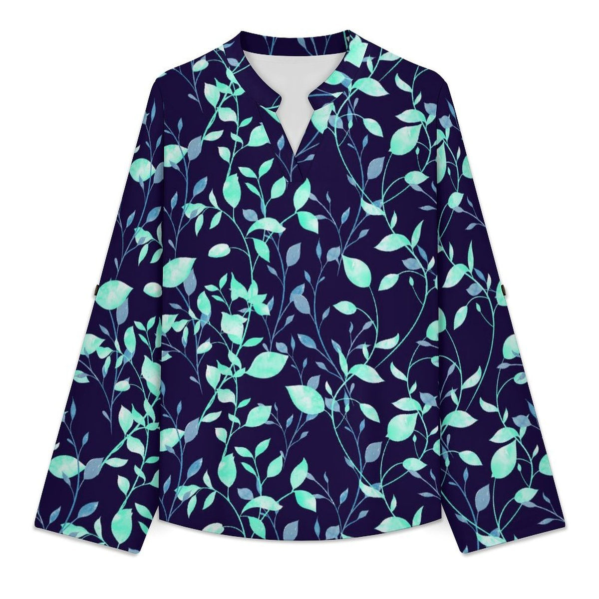 Flower  Versatile Notched V-Neck Tunic | Roll Tab 3/4 Sleeve Office Casual Top