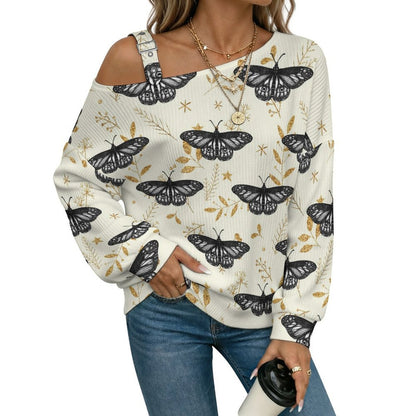 Women’s Off-Shoulder Knit Sweater Butterfly Repeat Pattern